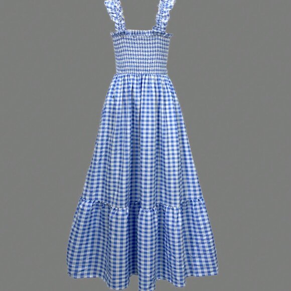 Multicolor Boho Women's Elegant Vacation Plaid Dress With Ruffled Straps - Picture 4 of 5